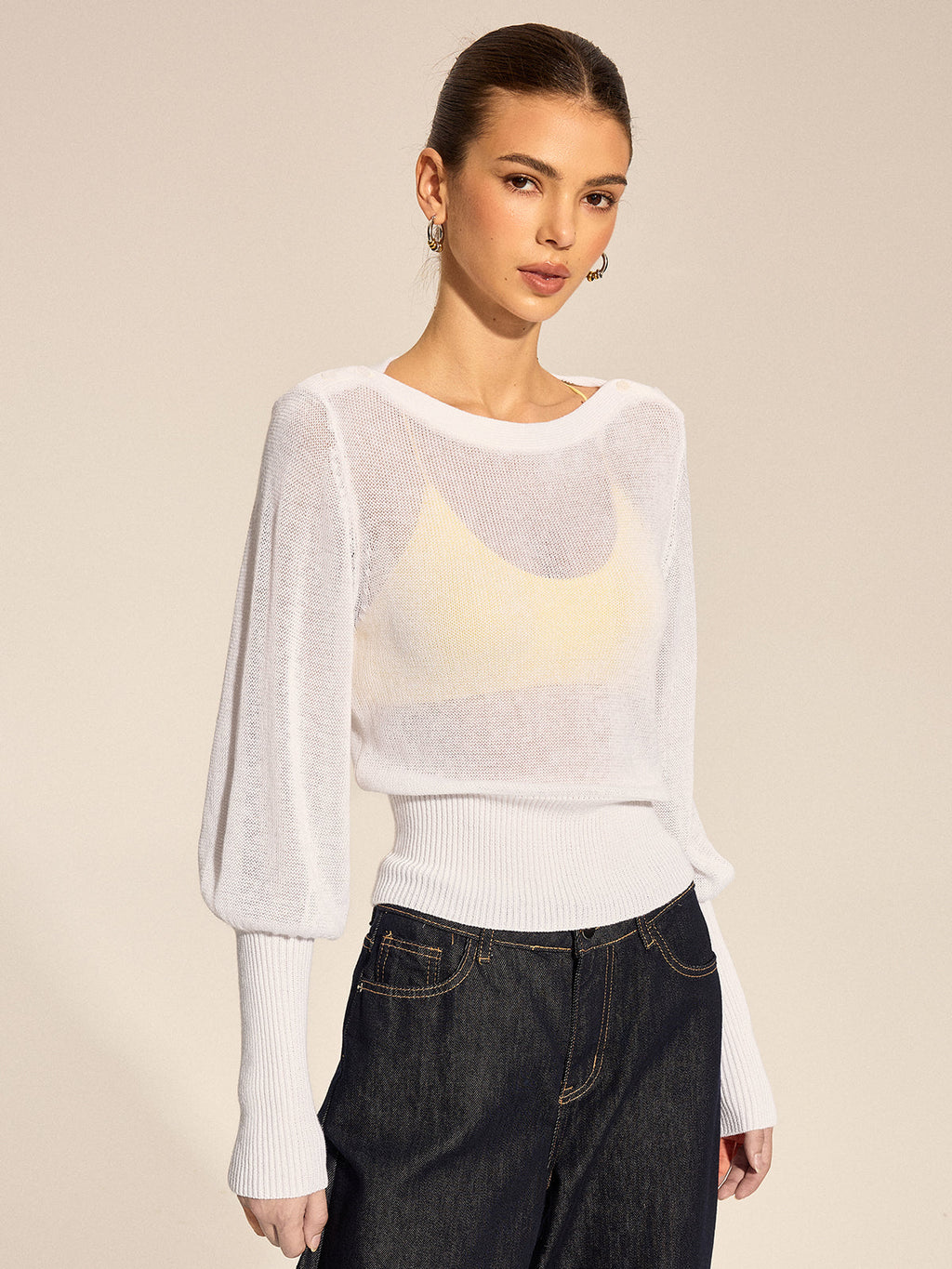 Sheer Puff Sleeve Knit Top