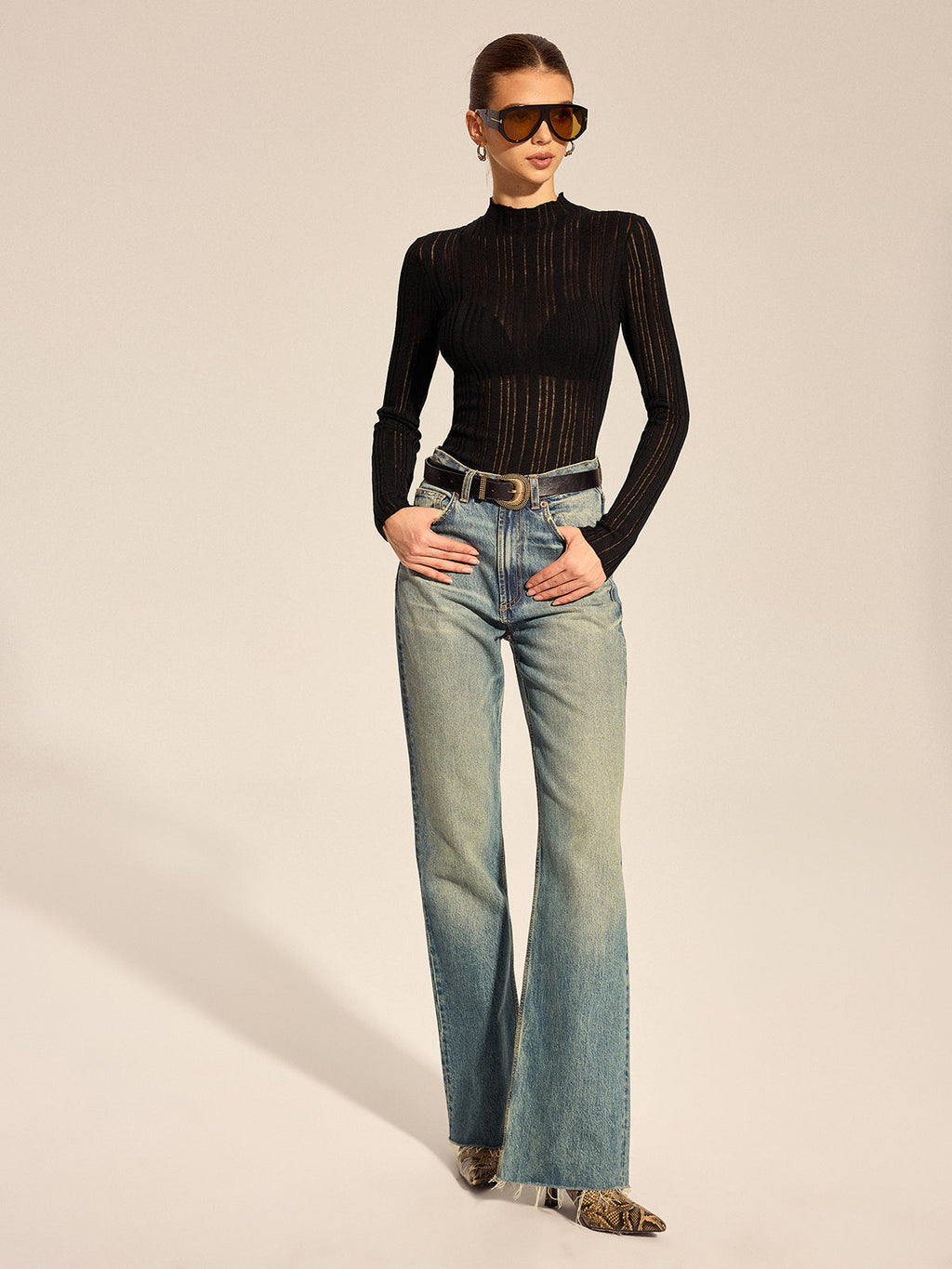 Sheer Ribbed Mock Neck Top