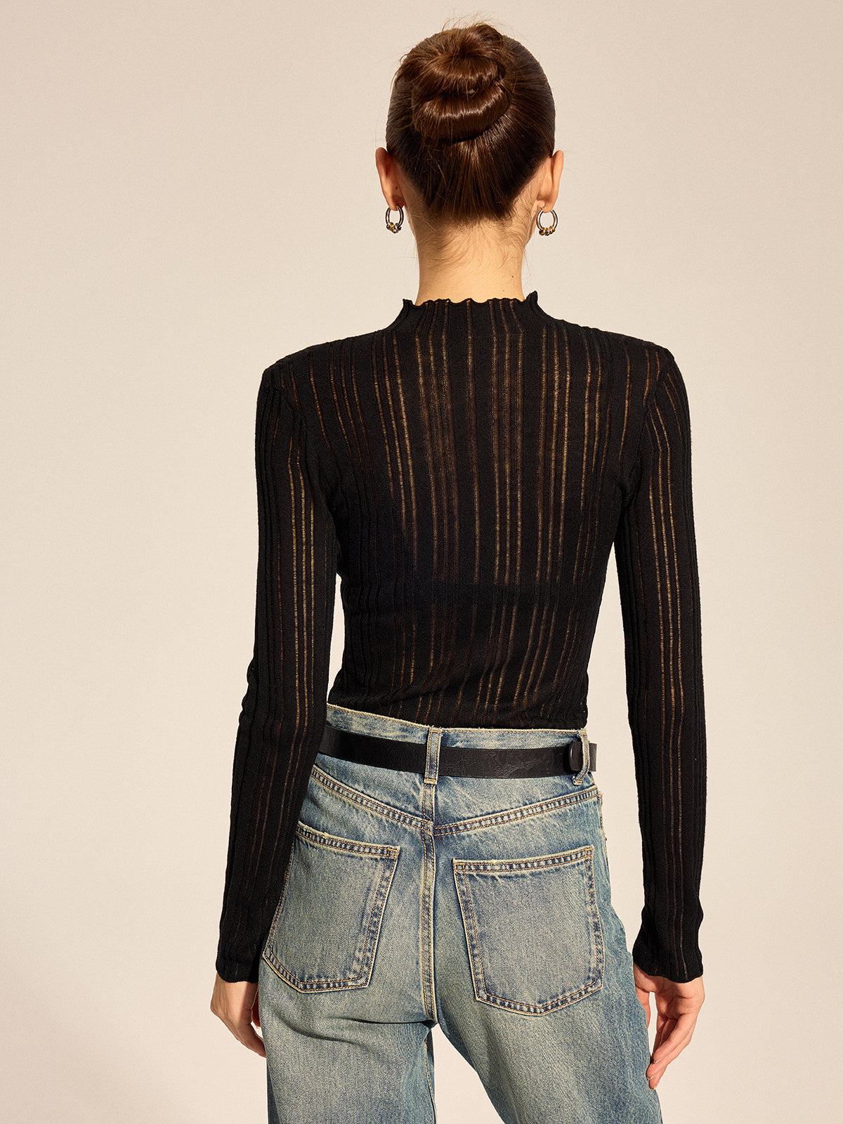 Sheer Ribbed Mock Neck Top