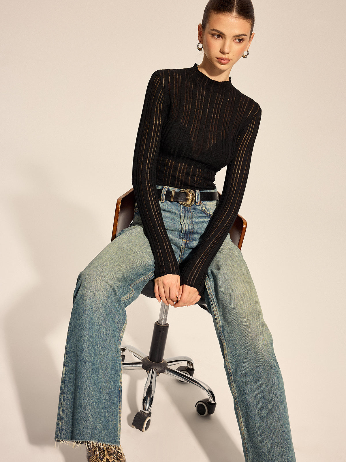 Sheer Ribbed Mock Neck Top