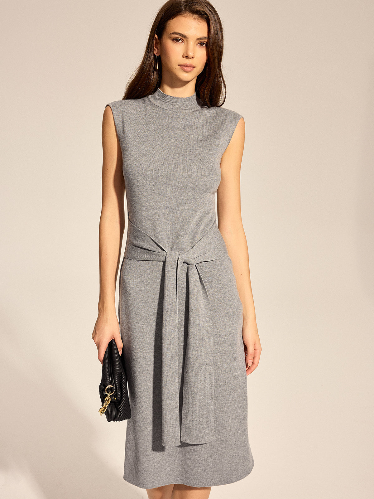 Mock Neck Tie Waist Knit Midi Dress