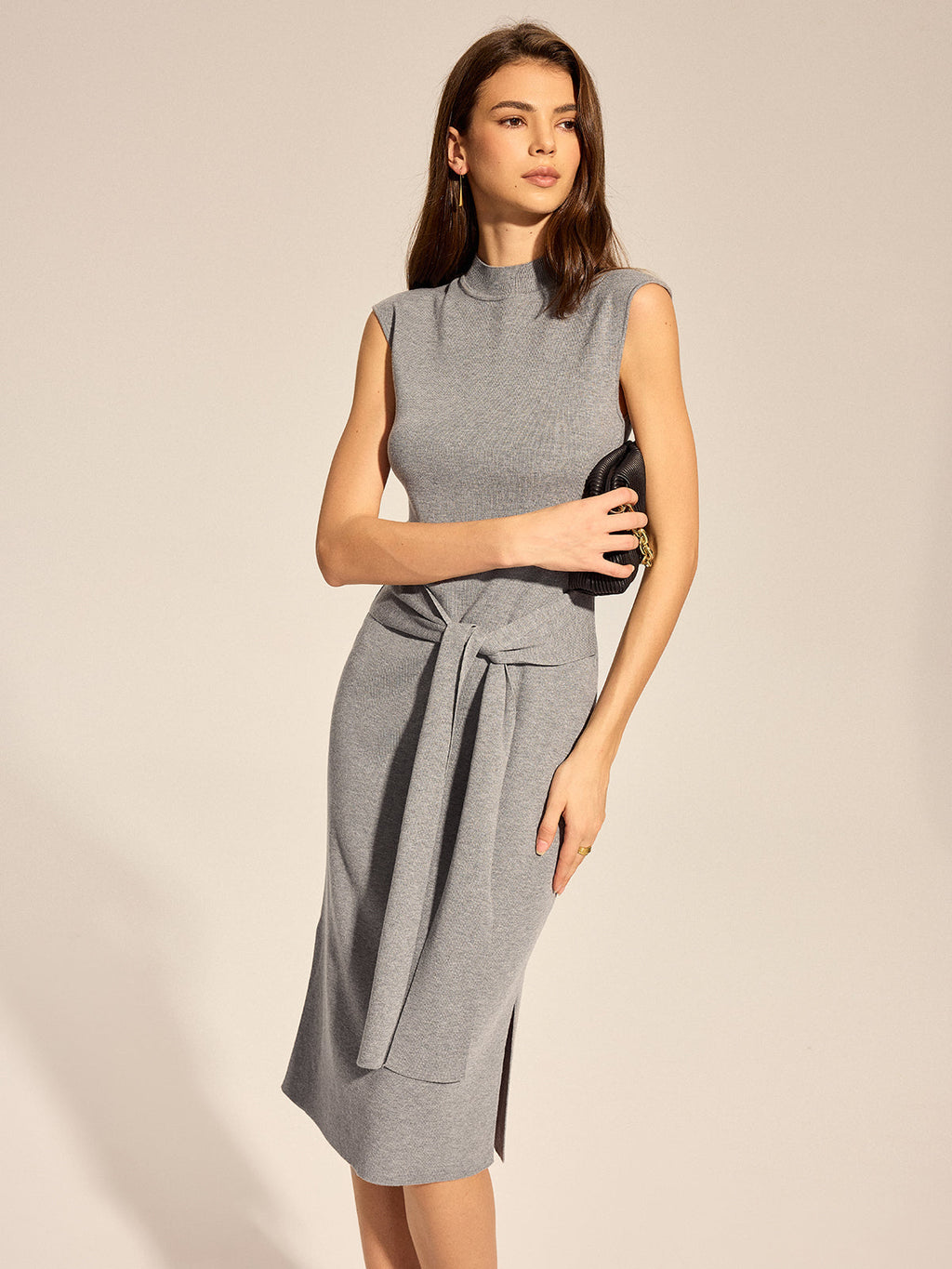 Mock Neck Tie Waist Knit Midi Dress
