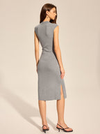 Mock Neck Tie Waist Knit Midi Dress