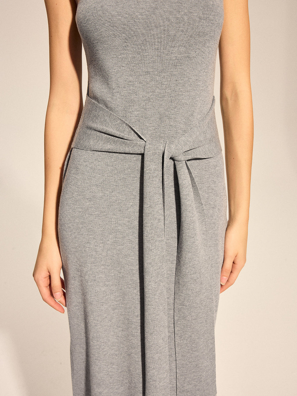 Mock Neck Tie Waist Knit Midi Dress