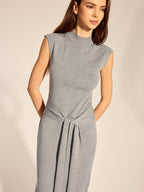 Mock Neck Tie Waist Knit Midi Dress