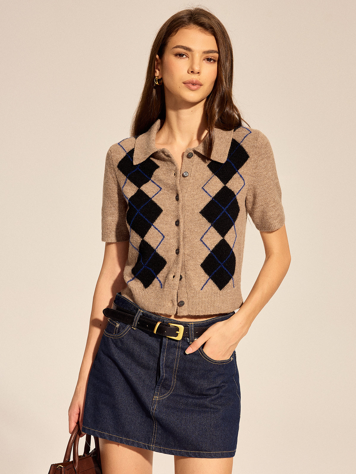 Argyle Short Sleeve Collared Knit Cardigan