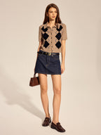 Argyle Short Sleeve Collared Knit Cardigan