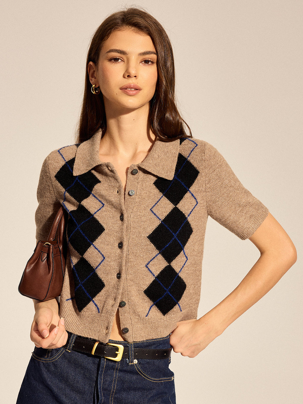 Argyle Short Sleeve Collared Knit Cardigan
