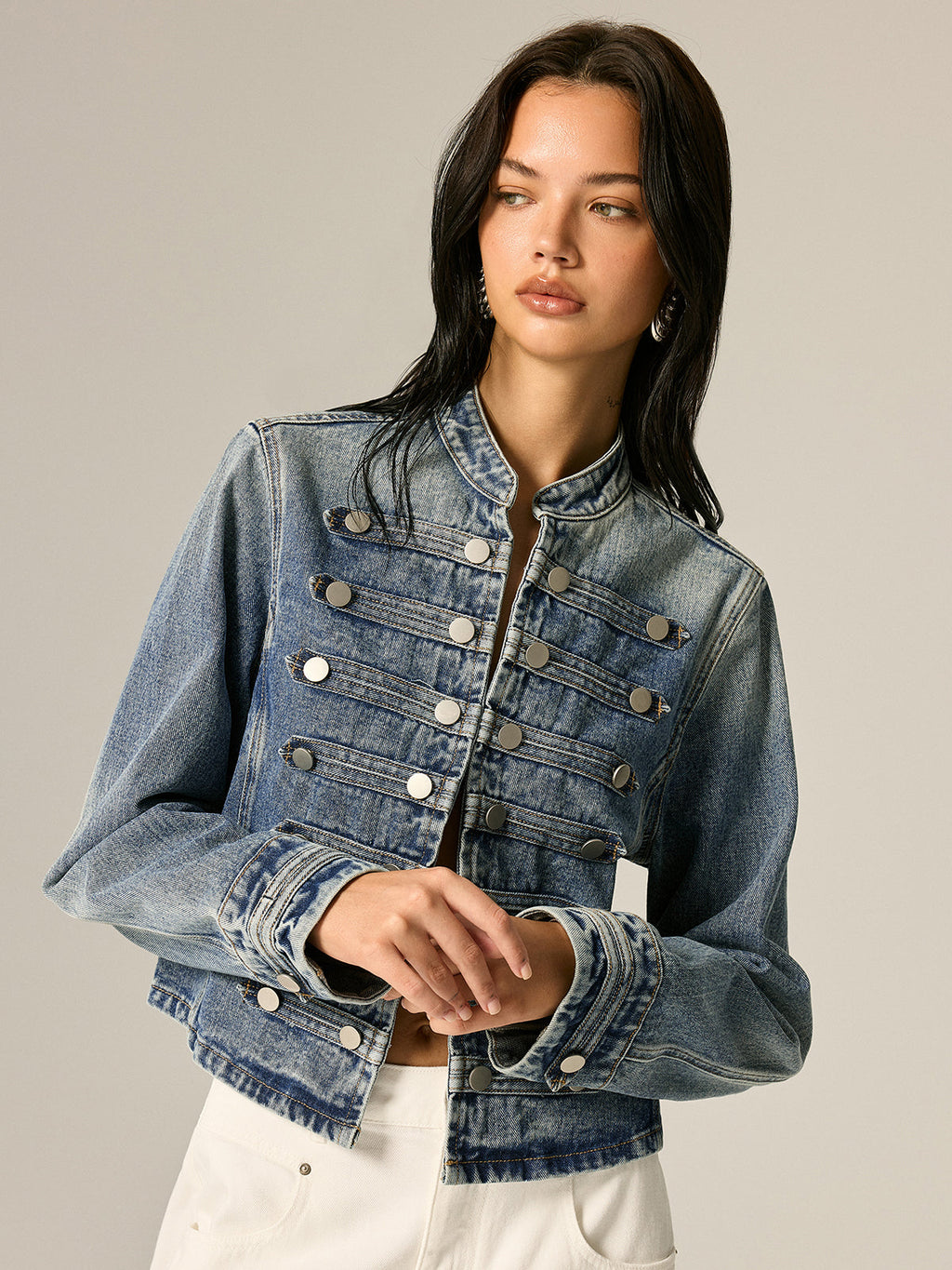 Napoleon Style Stand Collar Denim Jacket