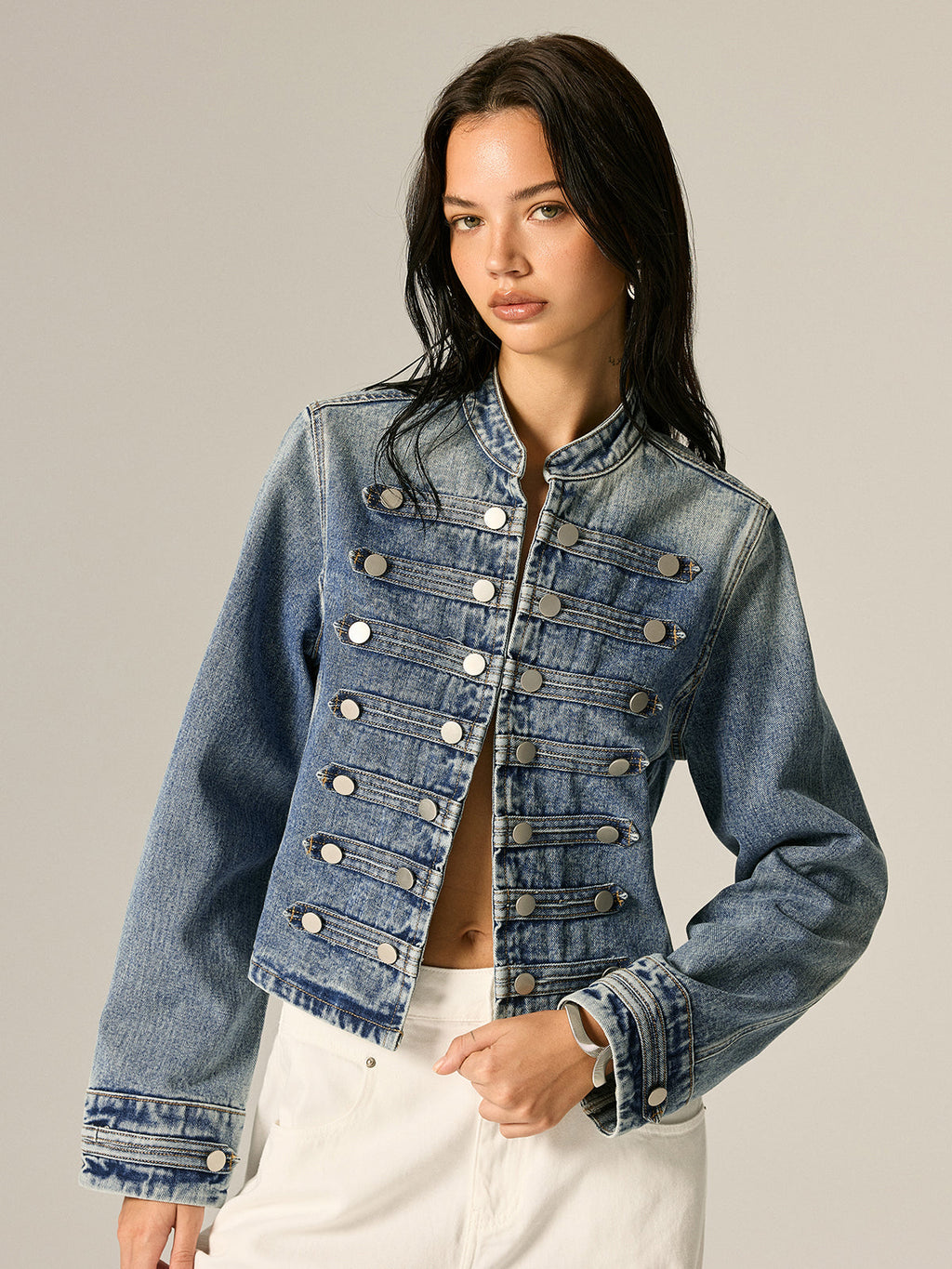 Napoleon Style Stand Collar Denim Jacket