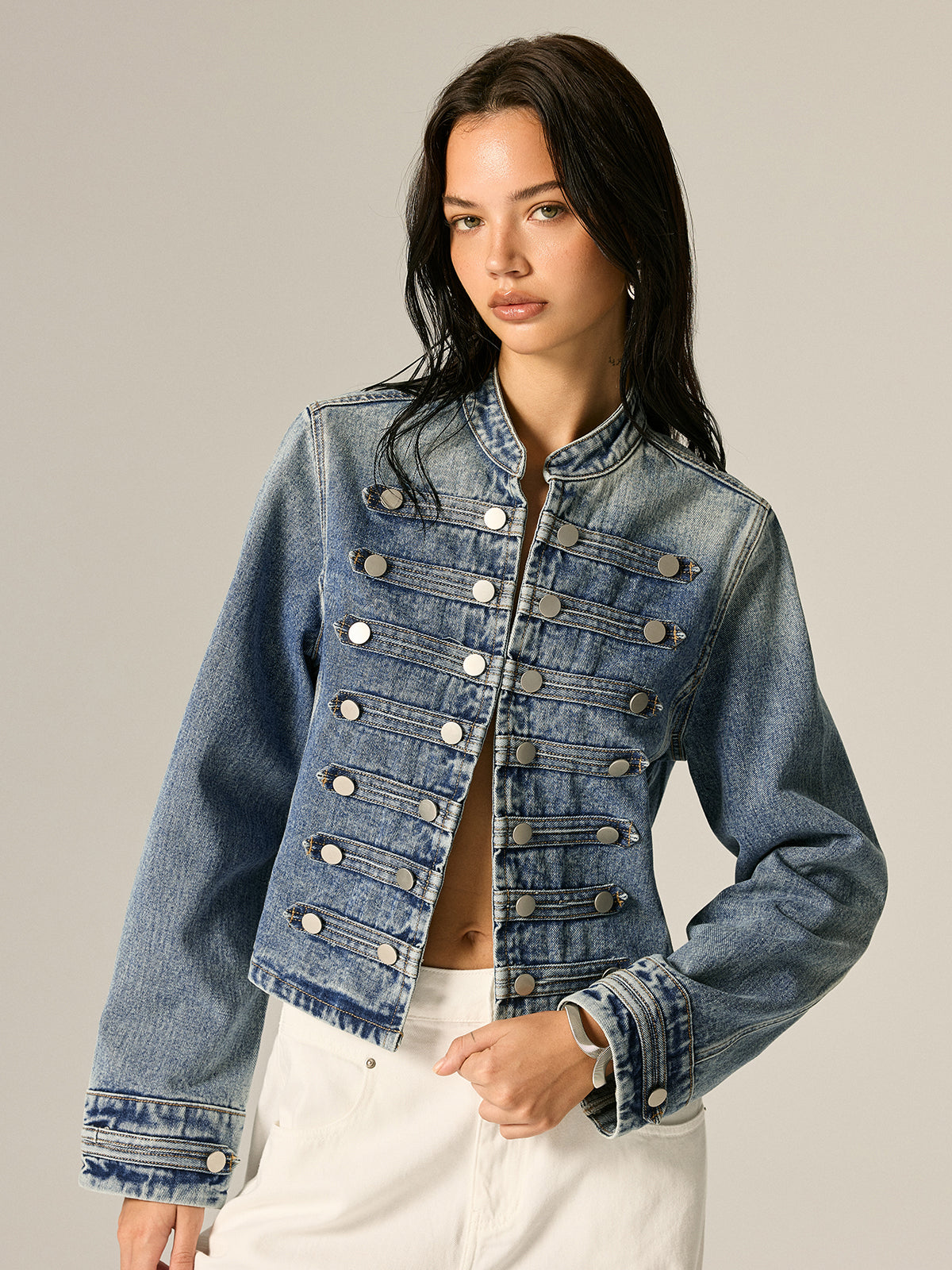 Napoleon Style Stand Collar Denim Jacket