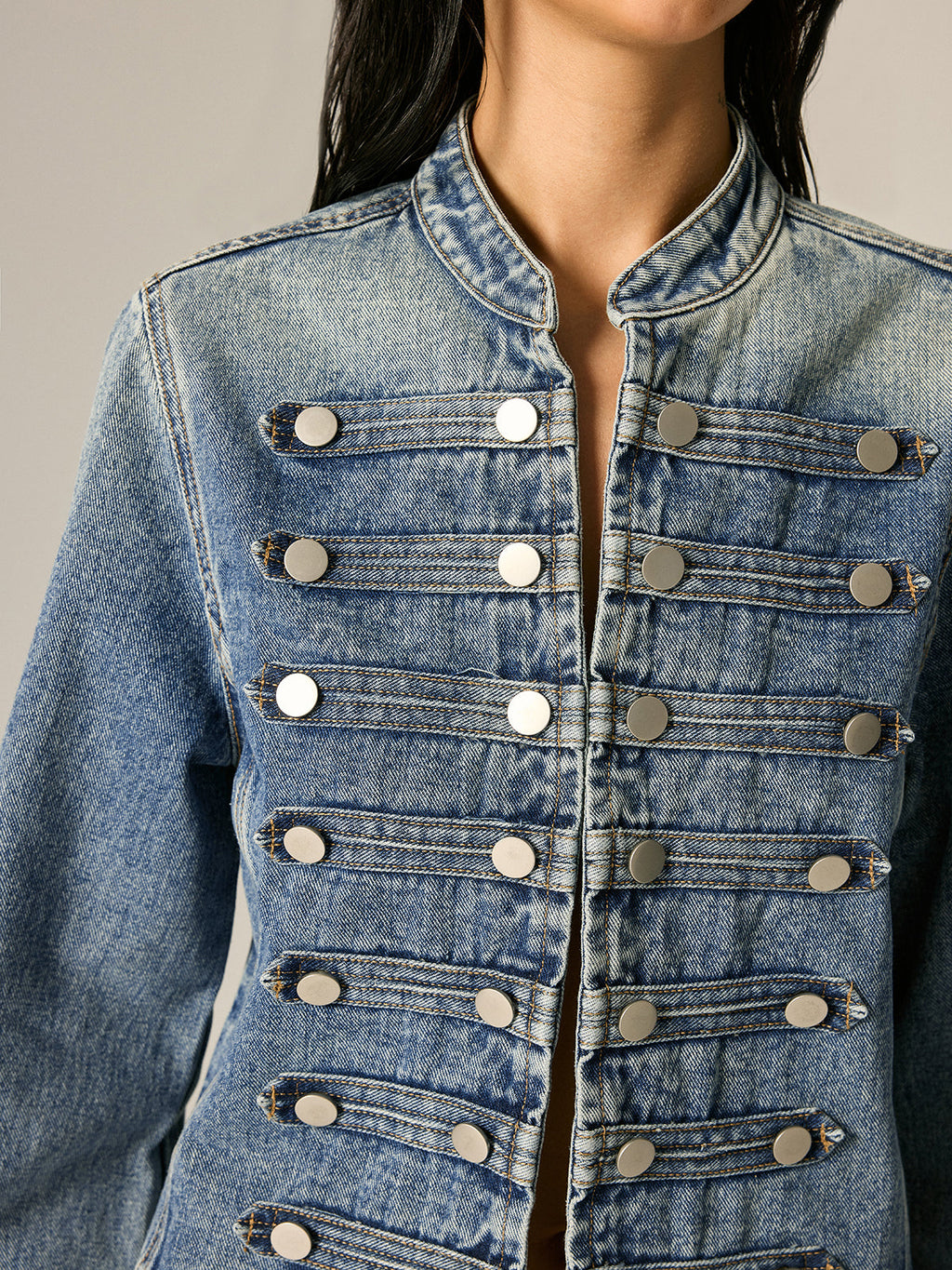 Napoleon Style Stand Collar Denim Jacket