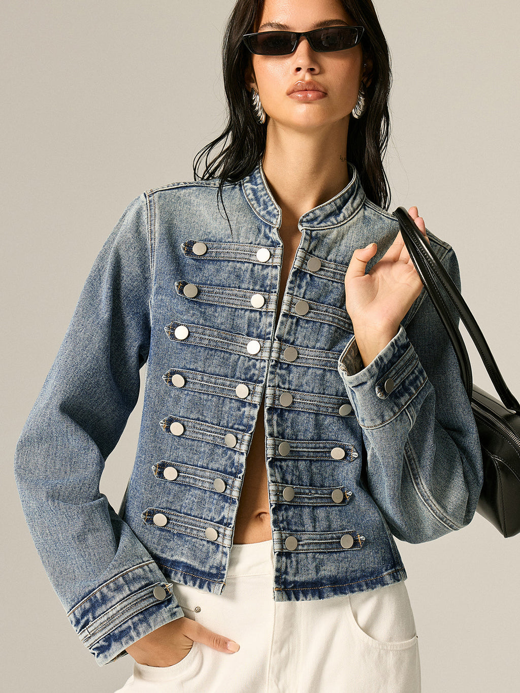 Napoleon Style Stand Collar Denim Jacket