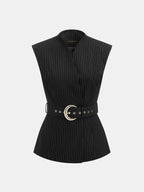 Stand Collar Pinstripe Belted Vest
