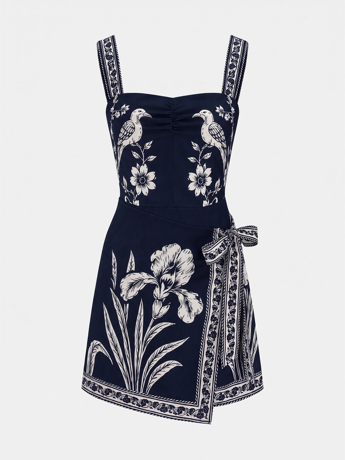 Floral Bird Print Wrap Tie Mini Dress
