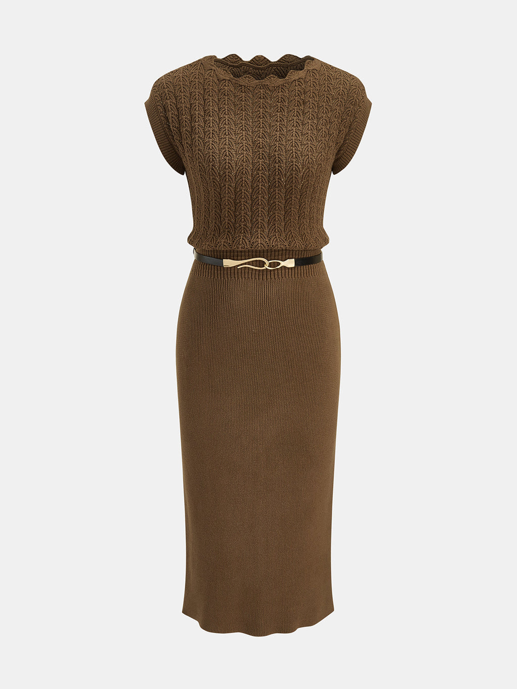 Scallop Neck Belted Knit Midi Dress