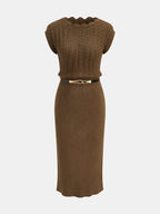 Scallop Neck Belted Knit Midi Dress