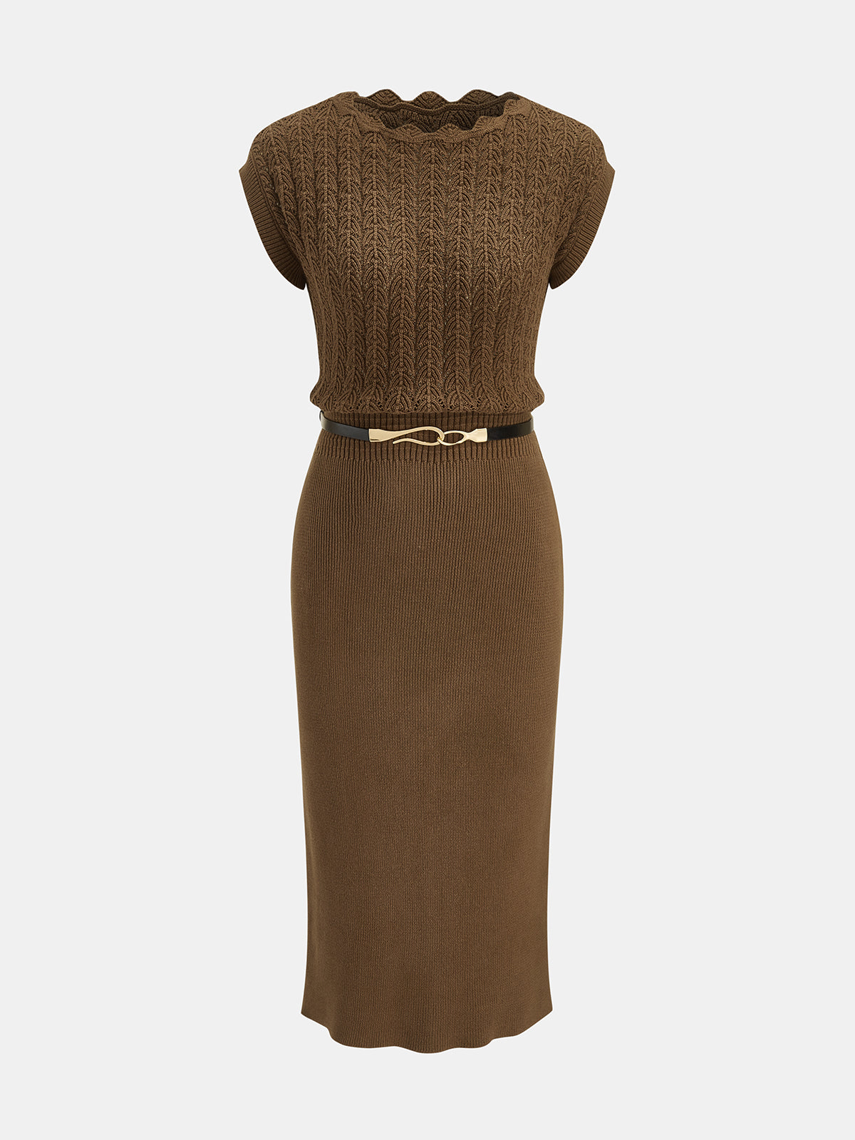Scallop Neck Belted Knit Midi Dress