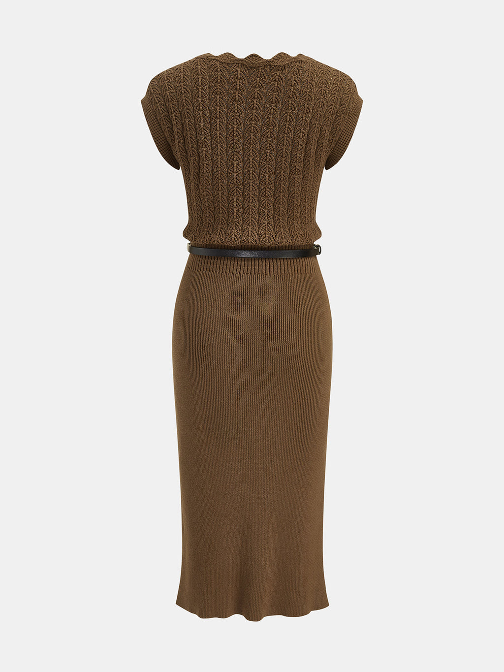 Scallop Neck Belted Knit Midi Dress