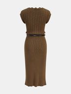 Scallop Neck Belted Knit Midi Dress