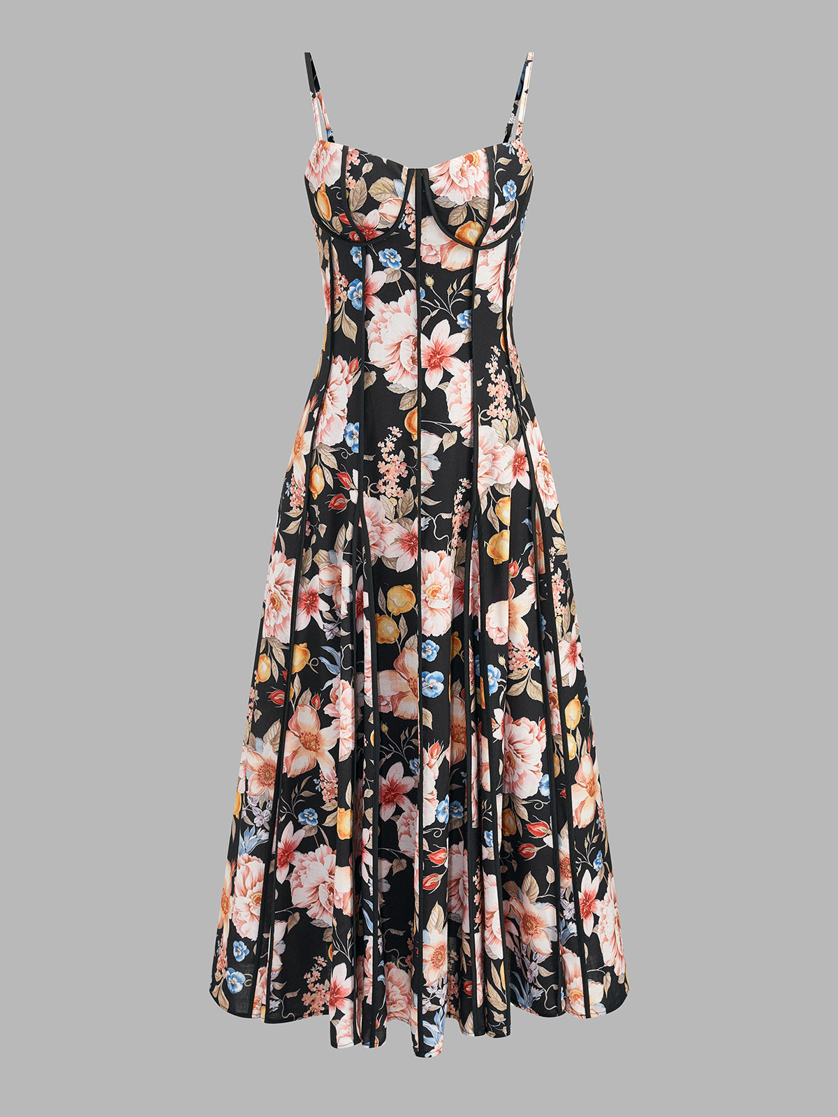 Corset Seam Tropical Print Swing Dress