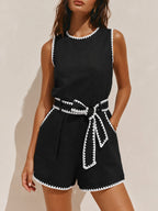 Linen Blend Scallop Trim Belted Romper