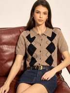 Argyle Short Sleeve Collared Knit Cardigan