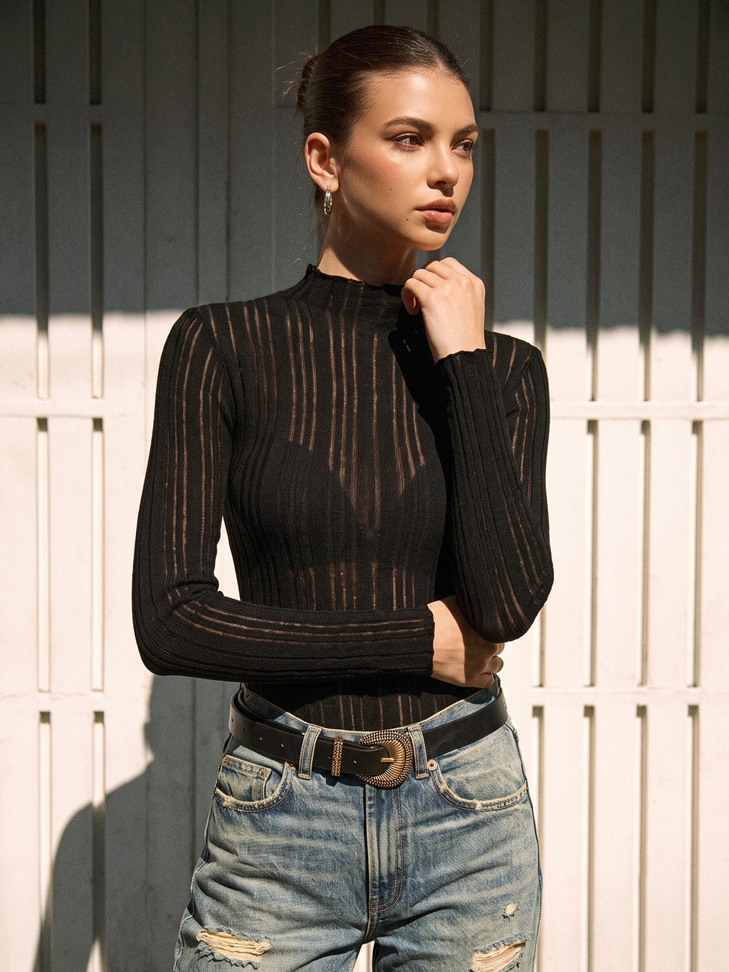 Sheer Ribbed Mock Neck Top