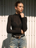 Sheer Ribbed Mock Neck Top