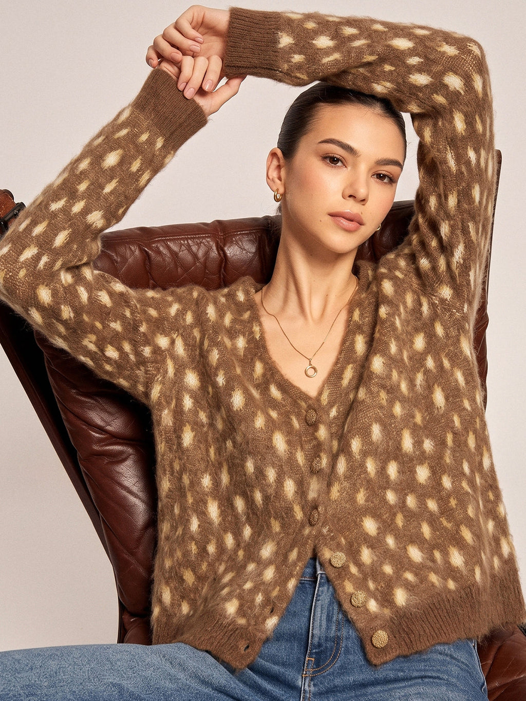 V Neck Spotted Fluffy Knit Cardigan