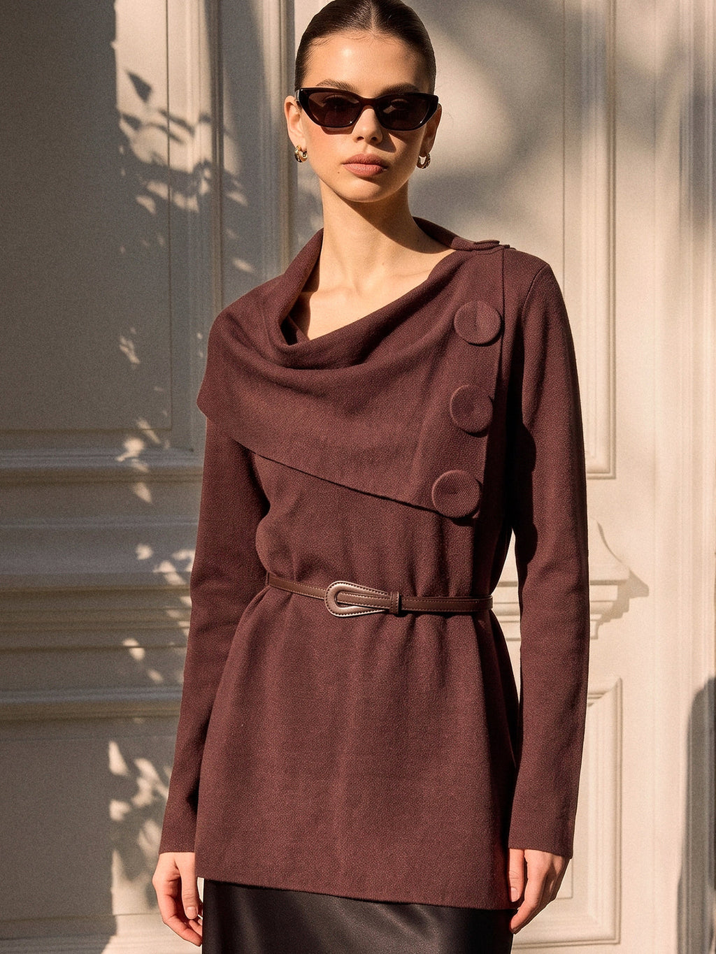 Cowl Neck Belted Knit Tunic