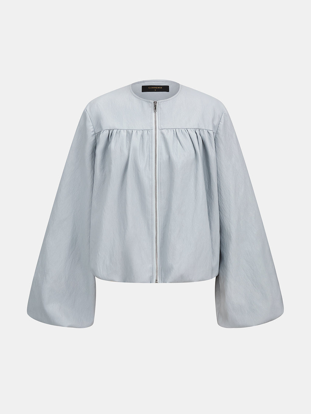 Zip Front Gathered Puff Sleeve PU Jacket